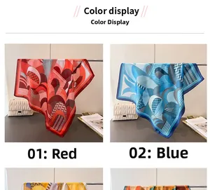 Detail view of geometric silk scarves in red and blue artistic patterns with color options