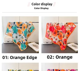 Vue détaillée de foulards en soie à fleurs en options orange et bleu-vert