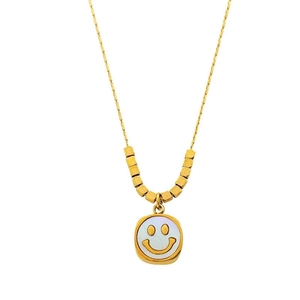 Elegant gold shell smiley face necklace with minimalist square beads and titanium chain