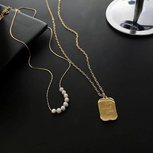 Titanium Steel Double Layer Necklace Natural Freshwater Pearl Rectangle Pendant Engraved Elegant Minimalist Jewelry For Women