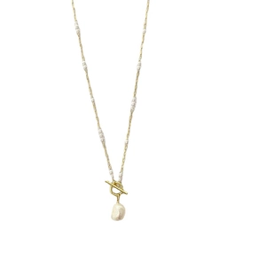 Elegant gold freshwater pearl necklace with T-bar clasp and baroque pearl pendant