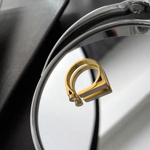 Geometric Gold Stainless Steel Ring With Shell And Zircon Inlay Retro Minimalist Finger Jewelry For Women