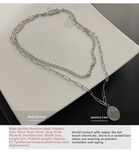 Double-layer titanium steel necklace with portrait pendant and detailed measurements
