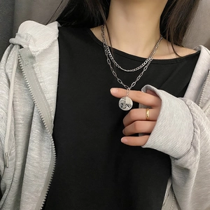 Double Layer Necklace Titanium Steel Round Face Coin Pendant Cuban Paperclip Chain Retro Hip Hop Style For Women Men