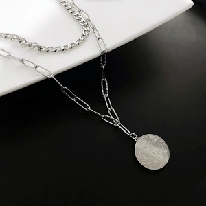 Double layer titanium steel necklace with paperclip chain and sun moon coin pendant