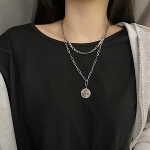 Double-layered silver titanium steel necklace featuring a minimalist abstract face coin pendant