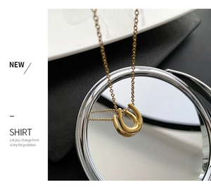 Macro view of golden U-shaped horseshoe pendant necklace reflected in a round mirror