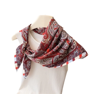 Classic paisley print faux silk square scarf with red and beige patterns for women