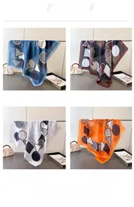 Collage of four geometric silk-feel scarves in blue, coffee, white and orange variants