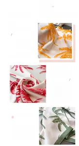 Close-up of premium faux silk scarf featuring palm leaf prints and exquisite hemmed edges