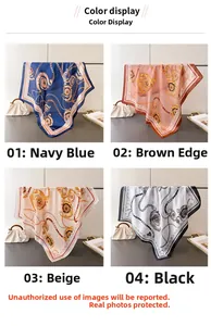 Silk-like square scarves in four colors featuring vintage baroque chain and clock patterns