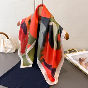 Elegant Imitation Satin Square Scarf Abstract Horse Geometric Print Satin Neck Kerchief Fashion Head Wrap For Women