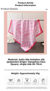 Detail of pink geometric square scarf with satin finish and specific care instructions