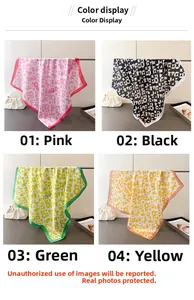 Detailed view of geometric printed silk scarves in four colors with a glossy finish