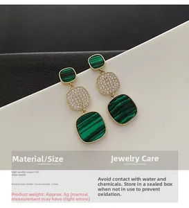 Detail of square geometric earrings with green malachite stone and micro-pave zircons