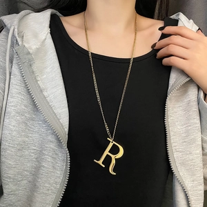 Stainless Steel Letter R Pendant Necklace Large Initial Gold Tone Hip Hop Sweater Chain Unisex Minimalist Jewelry
