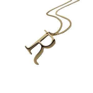Gold letter R pendant necklace with polished finish and delicate chain on white background