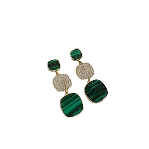 Elegant three-tier geometric square earrings with green malachite texture and pavé zircon