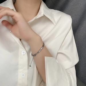 Minimalist square cube titanium steel bracelet with shiny silver finish for women