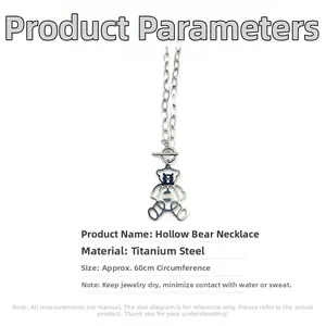 Detail view of hollow bear pendant with titanium steel chain and product size specs