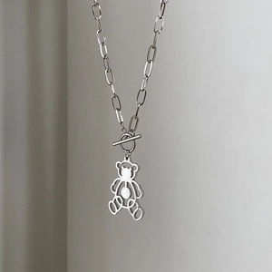 Retro hollow bear pendant necklace with toggle clasp and stainless steel chain