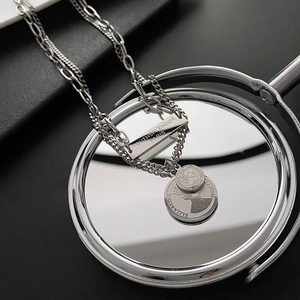 Double Layered Titanium Steel Necklace For Women Retro Portrait Coin Pendant Engraved Plate Hip Hop Minimalist Jewelry