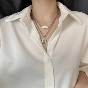 Layered silver titanium steel necklace with coin pendant and engraved metal plate tag