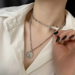 Silver double-layer titanium steel necklace with portrait coin and letter pendants