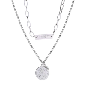 Double-layer silver stainless steel necklace with square tag and coin pendant