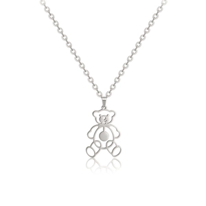 Hollow bear pendant necklace in silver titanium steel with retro minimalist chain design