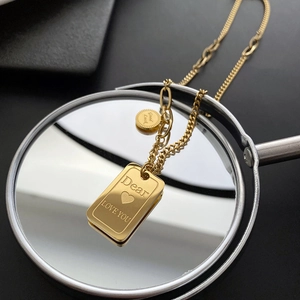Titanium Steel Pendant Necklace Women Minimalist Double Pendants Dear Love You Square Plate Good Luck Round Tag