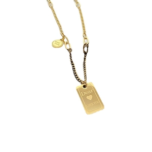 Golden titanium steel necklace with square Good Luck pendant and industrial chain