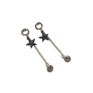 Elegant gold long tassel star earrings with black rhinestones and fine chain dangles