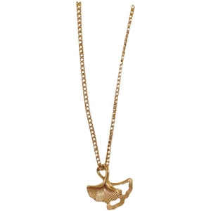 Golden titanium steel ginkgo leaf necklace featuring detailed vein texture on white background