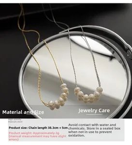 Detail view of titanium steel pearl necklaces with size and weight measurement specs