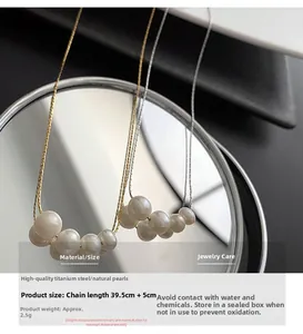 Detailed view of natural pearl and titanium steel necklace with length measurements