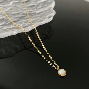 Minimalist Round Opal Pendant Necklace Titanium Steel Gold Plated Millgrain Edge French Style Jewelry Women
