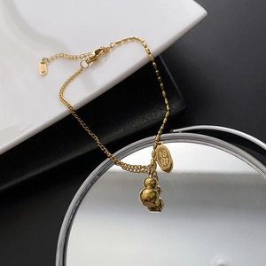 18K Gold Plated Stainless Steel Wu Lou Bracelet With Lucky Wealth Charm Oval Tag Mixed Link Bead Chain For Women