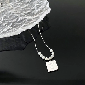 Korean style silver necklace with white beads and Love Me engraved square pendant