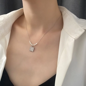 Korean style titanium necklace with 'Love Me' engraved square pendant and pearls