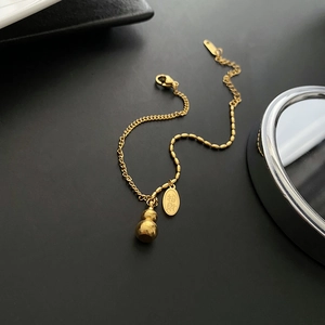 18K gold plated stainless steel bracelet with a lucky gourd and engraved charm