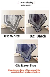 Détail de trois foulards en soie à motif pied-de-poule en blanc, noir et bleu marine