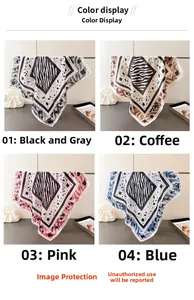Vue en quatre grilles de foulards carrés en soie imprimé zèbre en noir, marron, rose et bleu