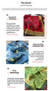 Detail showing red leopard, blue floral, and green prints on silky square scarves
