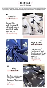 Close-up of elegant imitation silk scarf featuring butterfly prints and refined hemmed edges