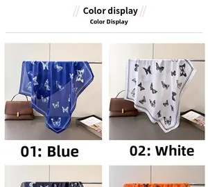Color options of elegant square silk scarves featuring detailed butterfly prints in four hues