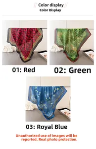 Detailed color display of silk-like floral scarves in red, green, and blue patterns