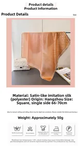 Detailed material specifications for a warm orange satin square scarf with geometric patterns