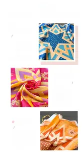 Detailed view of the star geometric print and stitched edges on silk satin scarf