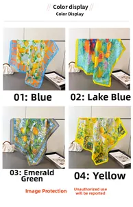 Four colorful silk scarves with fruit and baroque prints displayed in a 2x2 grid layout